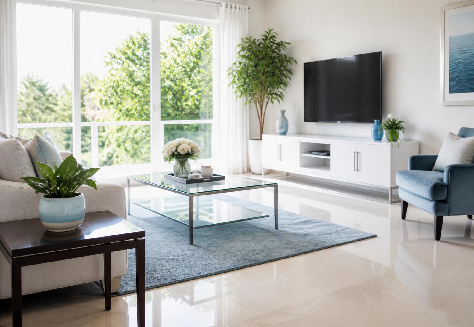 Bright, freshly cleaned living room with sparkling surfaces